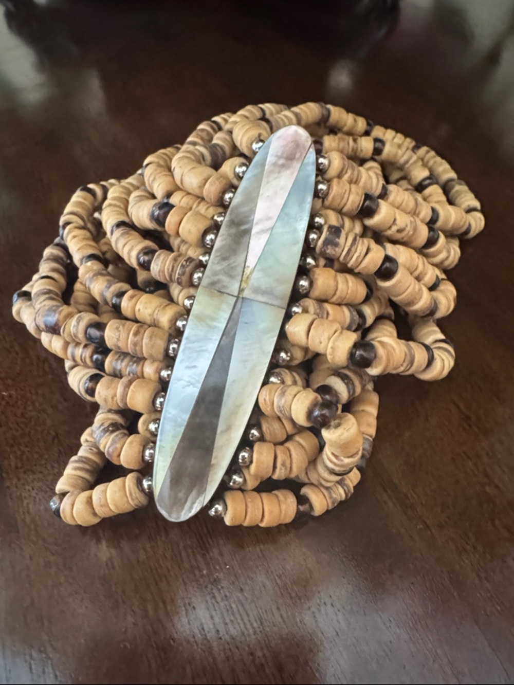 Vintage Wood Bead Wrap Bracelet with Mother of Pearl Inlay - Natural Tones